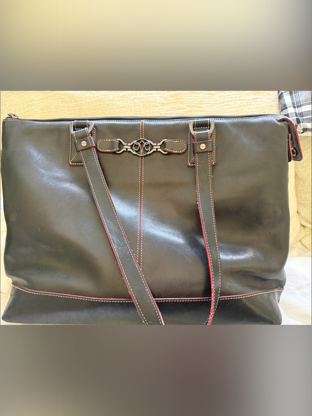 Johnston & Murphy Black Leather Briefcase, laptop bag with Red Trim unisex